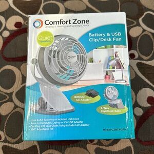 Comfort Zone Battery & USB Clip / Desk Fan / Quiet Operation / Color:Grey